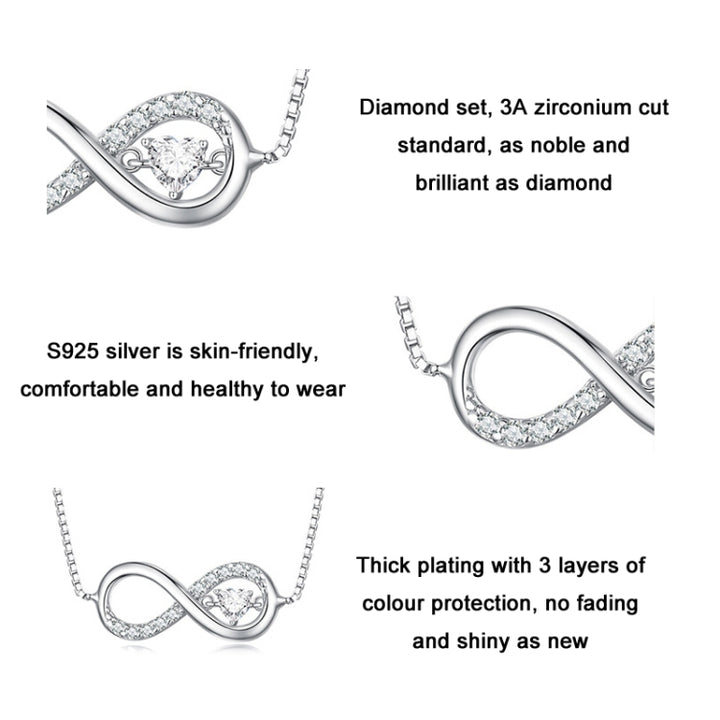 Sterling Silver S925 Zirconia Infinity Heart Endless Symbol Necklace, BSN276