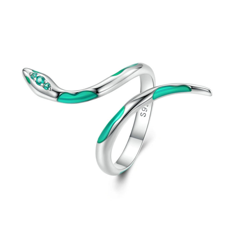 Sterling Silver S925 White Gold Plated Oil Drop Zirconia Green Snake Ring, BSR328