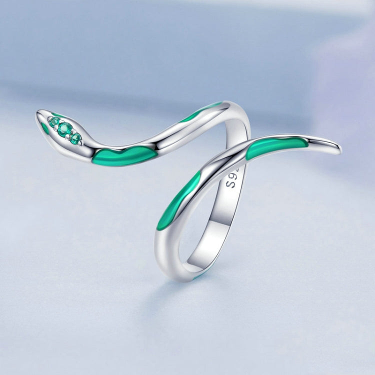 Sterling Silver S925 White Gold Plated Oil Drop Zirconia Green Snake Ring, BSR328