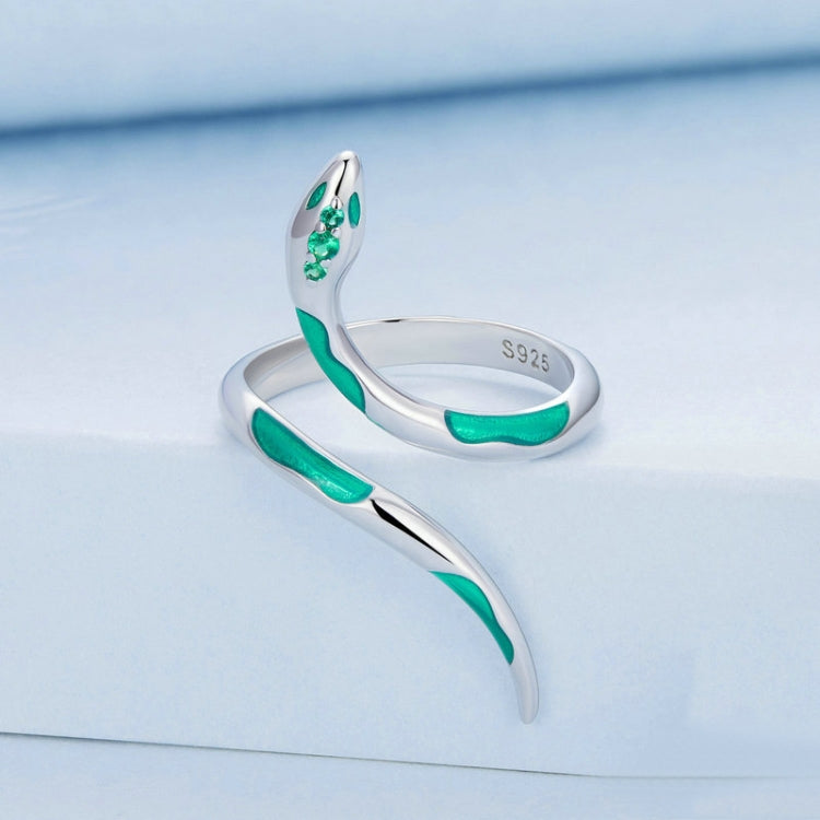 Sterling Silver S925 White Gold Plated Oil Drop Zirconia Green Snake Ring, BSR328