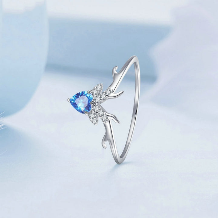 Sterling Silver S925 White Gold Plated Blue Heart Deer Zirconia Ring, BSR338