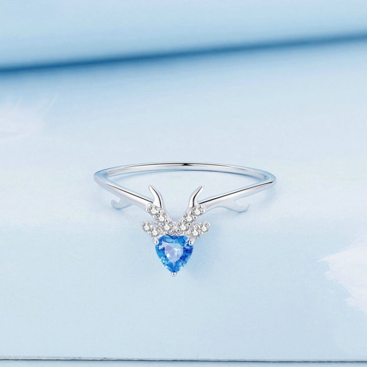 Sterling Silver S925 White Gold Plated Blue Heart Deer Zirconia Ring, BSR338