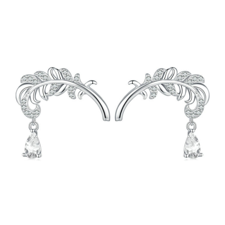 Sterling Silver S925 White Gold Plated Feather Drop Zirconia Stud Earrings, BSE747