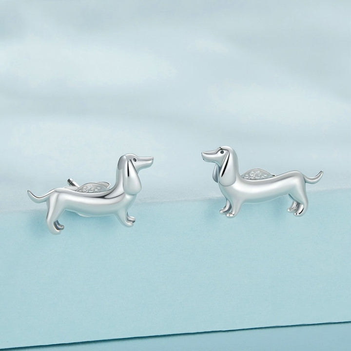 Sterling Silver S925 Cute Dachshund Animal Stud Earrings, SCE1535