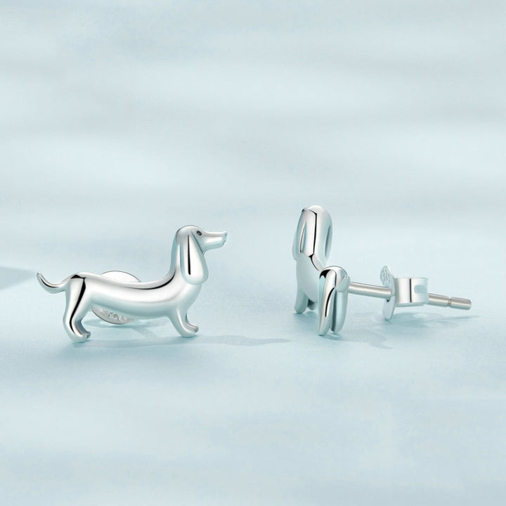 Sterling Silver S925 Cute Dachshund Animal Stud Earrings, SCE1535