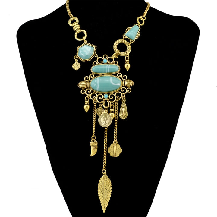 Exaggerated Openwork Pattern With Turquoise Alloy Stones Necklace, Necklace(Gold), Necklace(Silver)