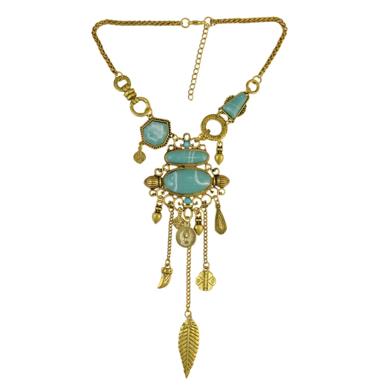 Exaggerated Openwork Pattern With Turquoise Alloy Stones Necklace, Necklace(Gold), Necklace(Silver)