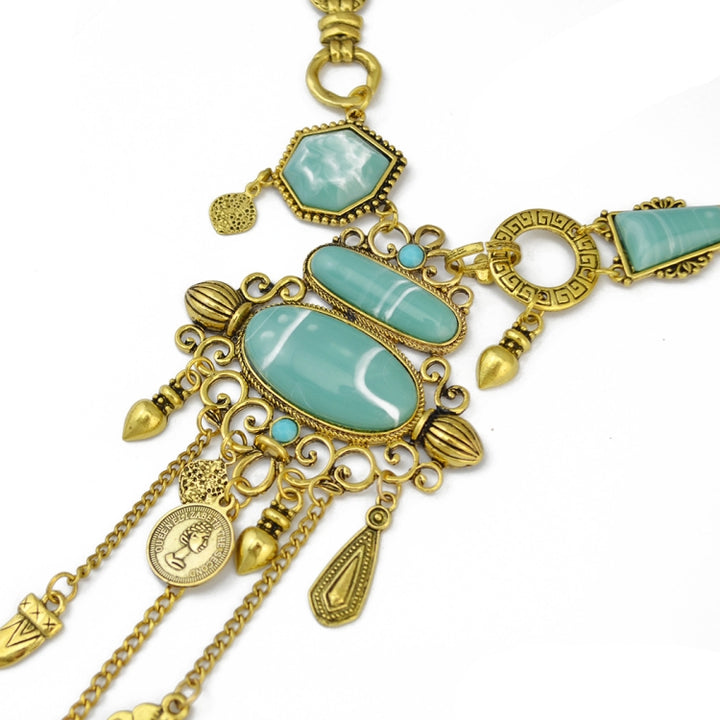 Exaggerated Openwork Pattern With Turquoise Alloy Stones Necklace, Necklace(Gold), Necklace(Silver)