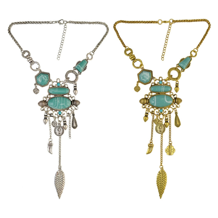 Exaggerated Openwork Pattern With Turquoise Alloy Stones Necklace, Necklace(Gold), Necklace(Silver)