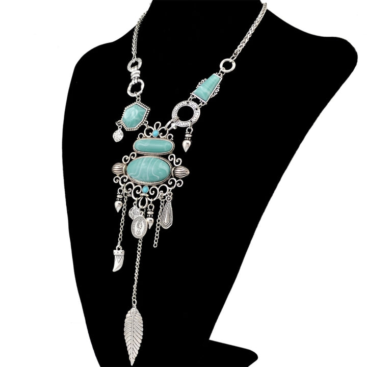 Exaggerated Openwork Pattern With Turquoise Alloy Stones Necklace, Necklace(Gold), Necklace(Silver)