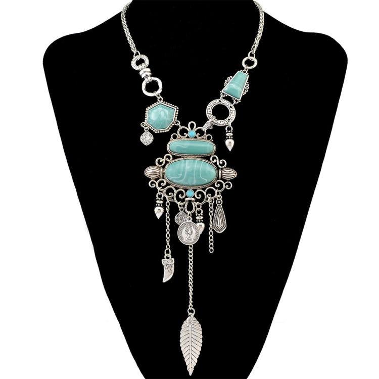 Exaggerated Openwork Pattern With Turquoise Alloy Stones Necklace, Necklace(Gold), Necklace(Silver)