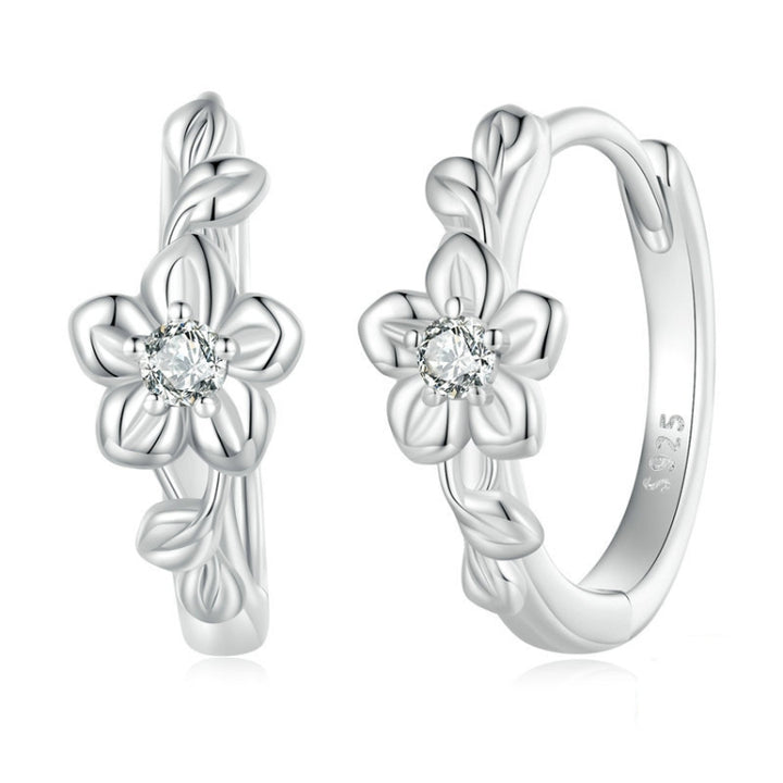 Sterling Silver S925 Small Flower Vine Plated Platinum Zircon Earrings, BSE767