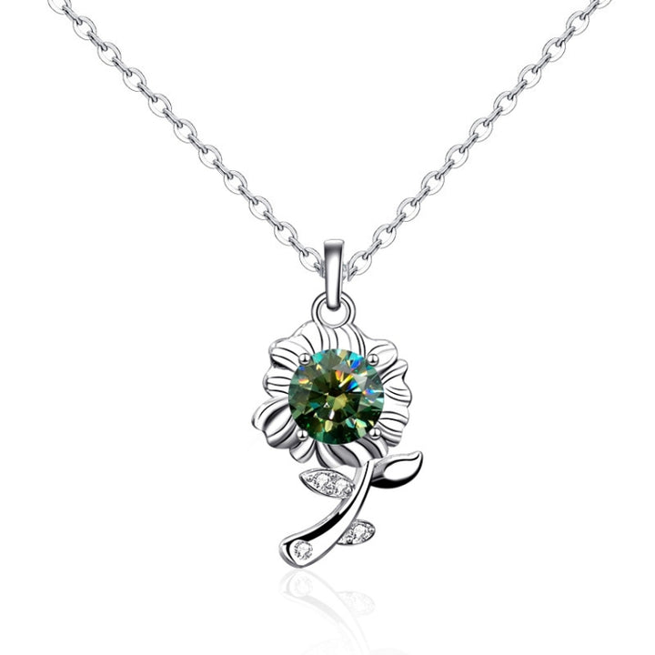 XMA033 925 Silver Necklace Moissanite Sunflower Flower Pendant Jewelry, Green, White, Champagne Yellow