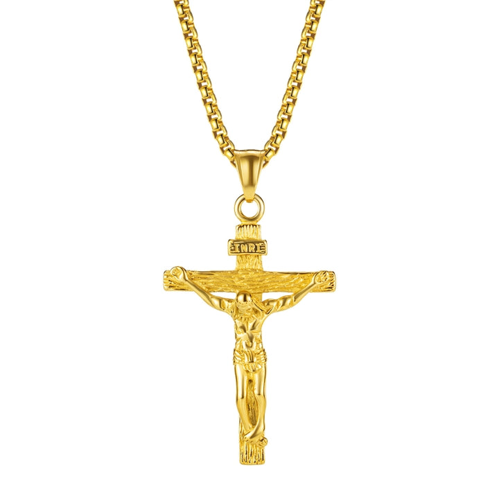 OPK 810 Retro Cross Frame Titanium Steel Men Pendant Necklace, [Gold Black Pendant, Steel Color+3x55cm Pearl Chain, Gold+3x55cm Pearl Chain, Gold Black+3x55cm Pearl Chain, Steel Color Pendant, Gold Pendant