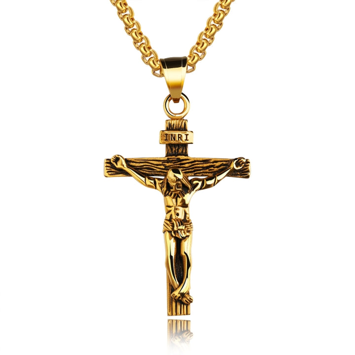 OPK 810 Retro Cross Frame Titanium Steel Men Pendant Necklace, [Gold Black Pendant, Steel Color+3x55cm Pearl Chain, Gold+3x55cm Pearl Chain, Gold Black+3x55cm Pearl Chain, Steel Color Pendant, Gold Pendant