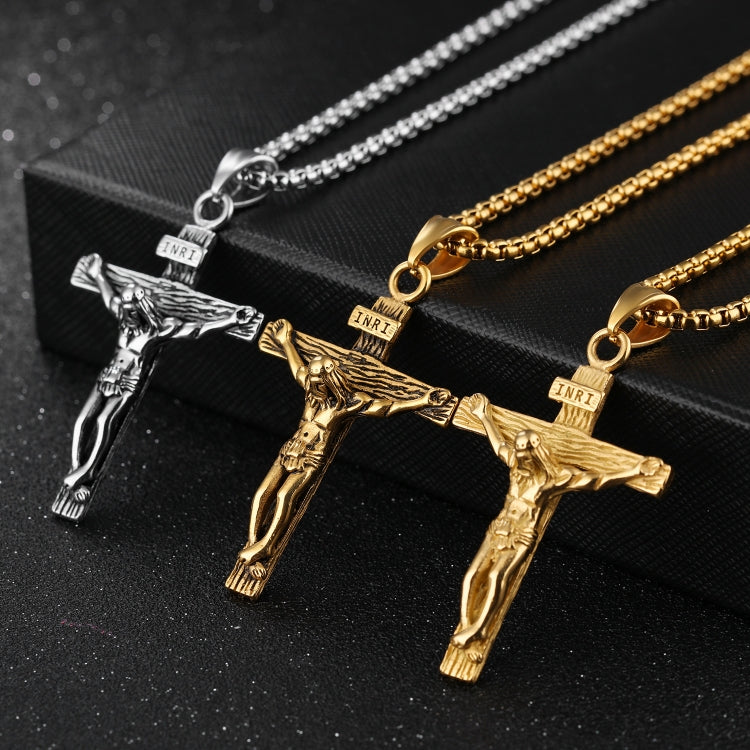 OPK 810 Retro Cross Frame Titanium Steel Men Pendant Necklace, [Gold Black Pendant, Steel Color+3x55cm Pearl Chain, Gold+3x55cm Pearl Chain, Gold Black+3x55cm Pearl Chain, Steel Color Pendant, Gold Pendant