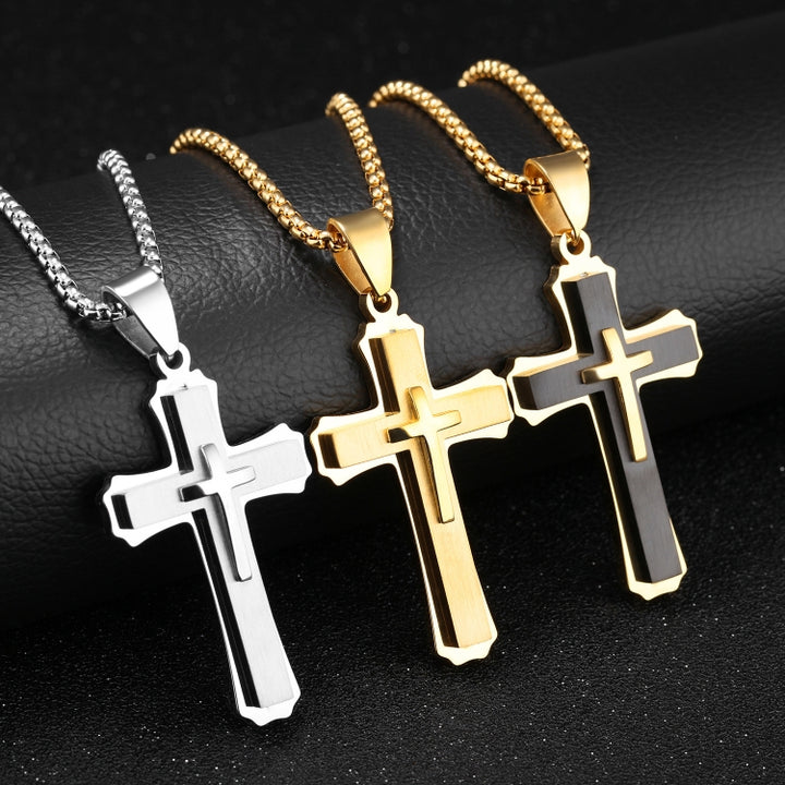 1213 Three Layer Cross Necklace Titanium Steel Men Necklace, Steel Color Pendant+3x55cm Pearl Chain, Black Pendant+3x55cm Pearl Chain, Gold Pendant+3x55cm Pearl Chain, Steel Color Single Pendant, Black Single Pendant, Gold Single Pendant