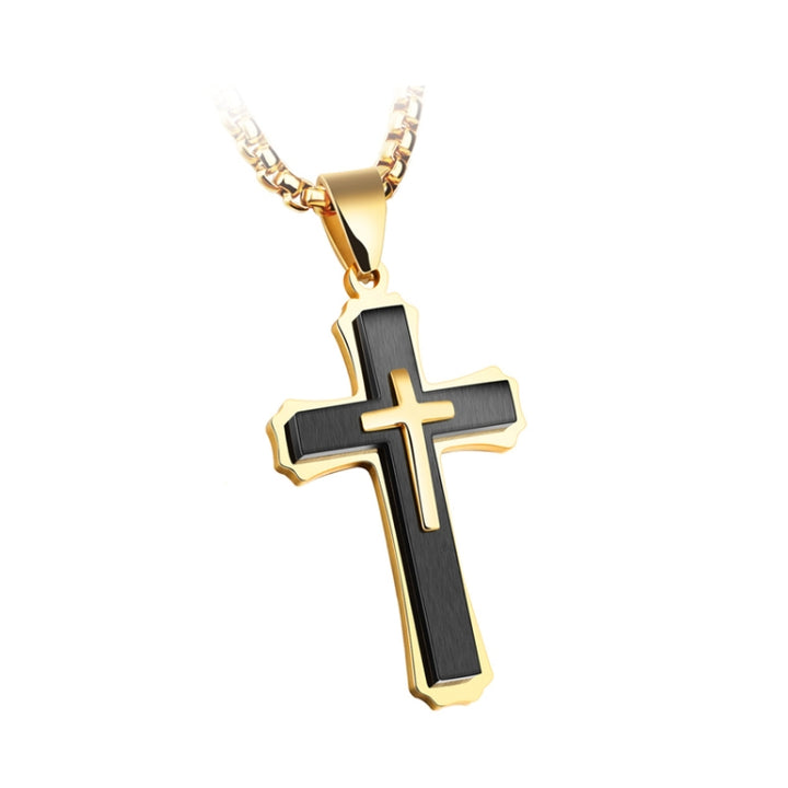 1213 Three Layer Cross Necklace Titanium Steel Men Necklace, Steel Color Pendant+3x55cm Pearl Chain, Black Pendant+3x55cm Pearl Chain, Gold Pendant+3x55cm Pearl Chain, Steel Color Single Pendant, Black Single Pendant, Gold Single Pendant