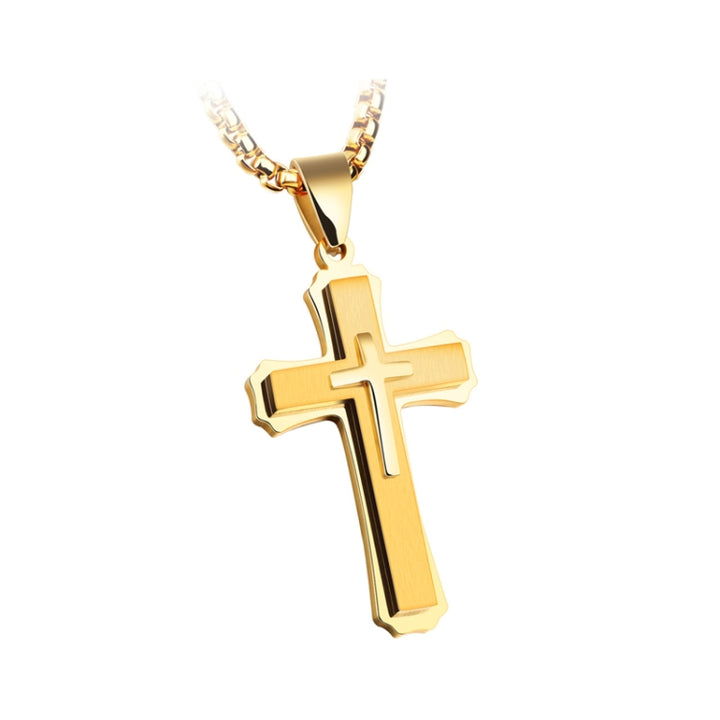 1213 Three Layer Cross Necklace Titanium Steel Men Necklace, Steel Color Pendant+3x55cm Pearl Chain, Black Pendant+3x55cm Pearl Chain, Gold Pendant+3x55cm Pearl Chain, Steel Color Single Pendant, Black Single Pendant, Gold Single Pendant