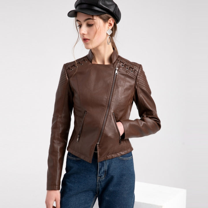 Women Short Leather Jacket Slim Jacket Motorcycle Suit, S, M