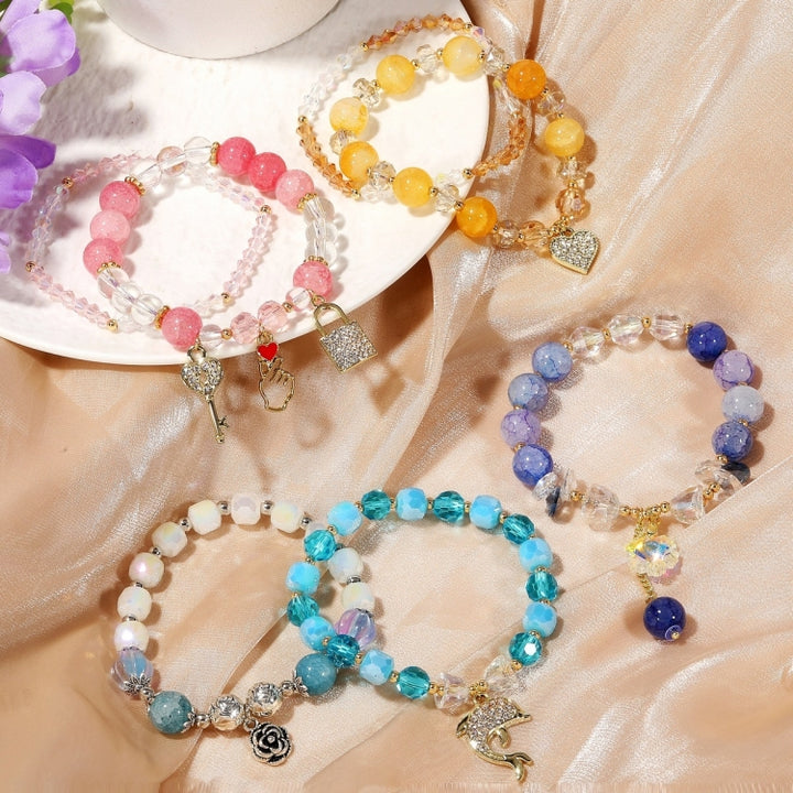 Crystal Beaded Bracelet Ladies Natural Crystal Bracelet, S2207-1 AB Transparent, S2204-1 Pink, S2203-5 Purple, S2204-3 Pink Opal, S2204-2 Blue Opal, S2204-6 Orange+Butterfly, S2204-7 White+Butterfly, S2204-5 Pink Opal, S2203-4 Water Blue+Dolphin