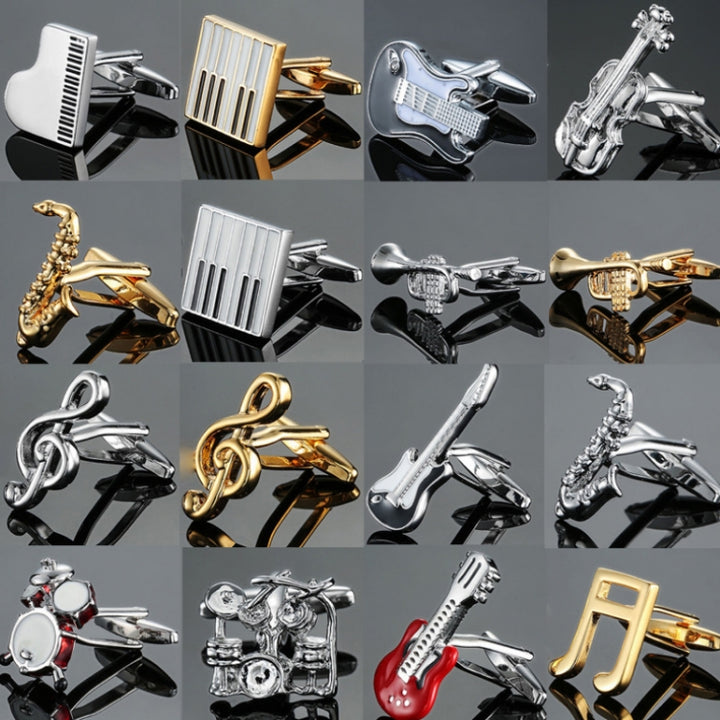 Brass Music Series Instrument Note Cufflinks, Color: Silver Shelf Drum, Silver  Treble Symbol, Gold Treble Symbol, Silver Sax, Gold Sax, Silver Sixteen Notes, Gold Sixteen Notes, Silver Shelf Drum, Red Drum Kit, Silver Piano Keyboard, Gold Piano Keyboard