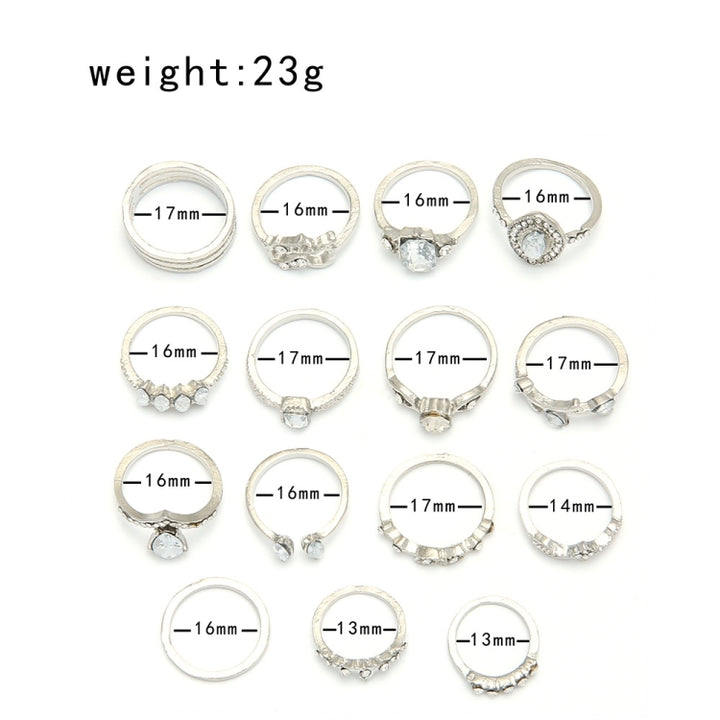 15pcs/set Water Drop Heart Hollow Diamond Joint Ring, 15pcs/set 4869