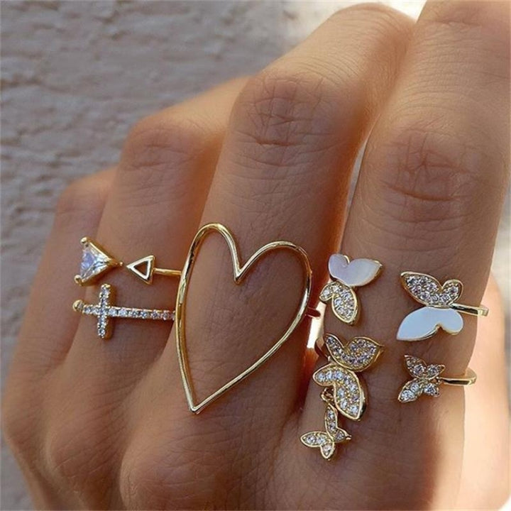 5pcs/set Cross Triangle Heart Hollow Butterfly Knuckle Ring, 5pcs/set 5217