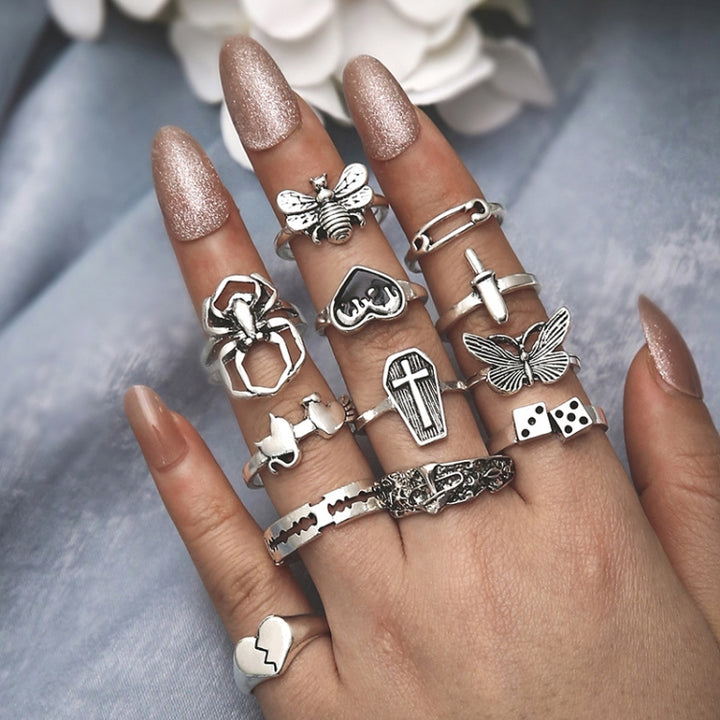 12pcs/set Heart Cross Butterfly Mushroom Spider Open Ring, 12pcs/set 6015