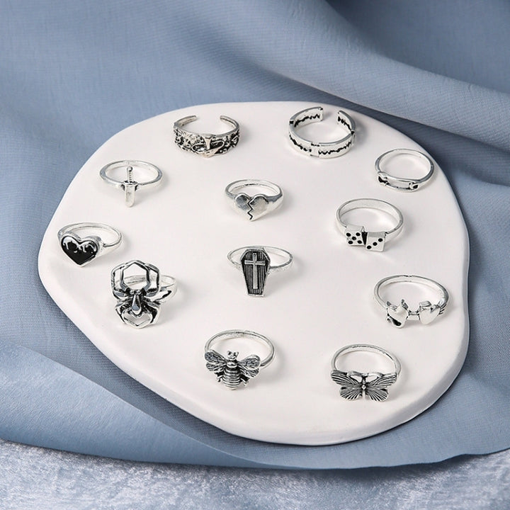 12pcs/set Heart Cross Butterfly Mushroom Spider Open Ring, 12pcs/set 6015