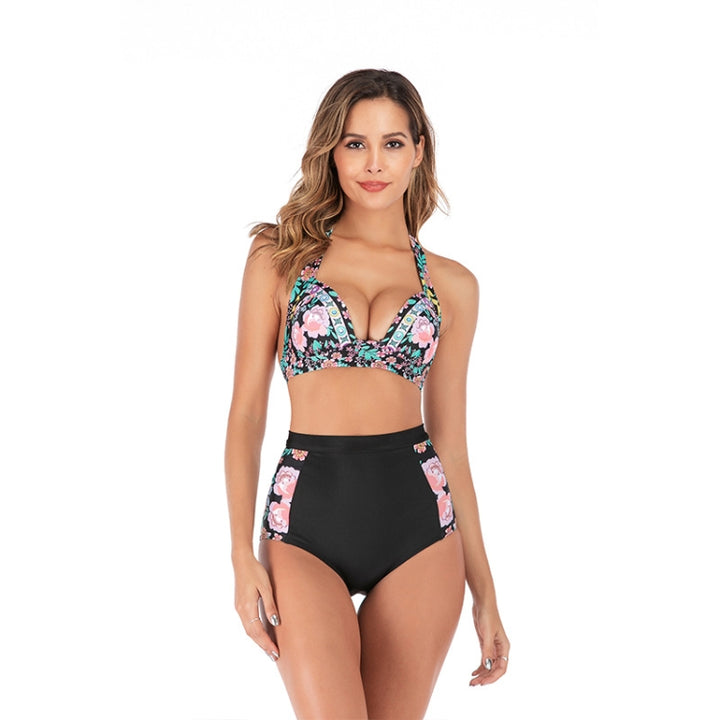 Lace-Up Halter Backless High-Waisted Swimsuit Split Printed Bikini Swimsuit, S, M