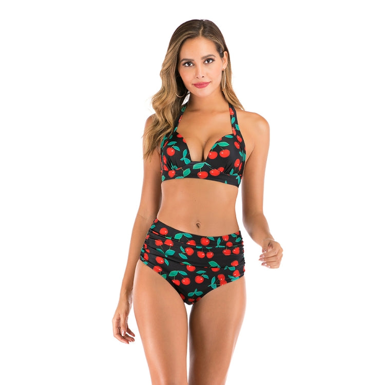 Lace-Up Halter Backless High-Waisted Swimsuit Split Printed Bikini Swimsuit, L, XL