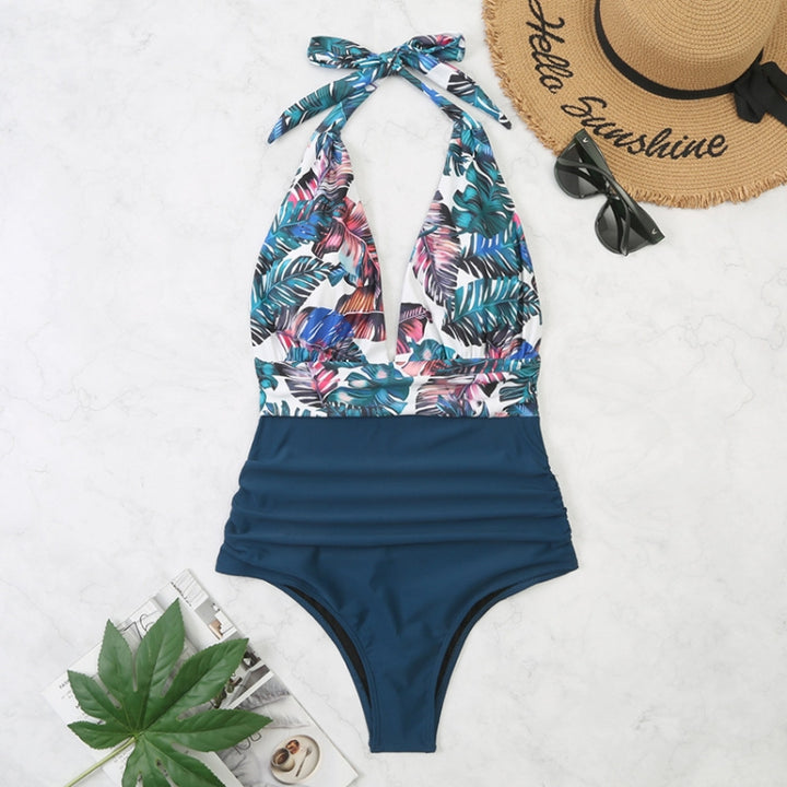 Summer One-piece Backless Lace-Up Ladies Swimsuit Floral-print Halter Bikini, L, XL