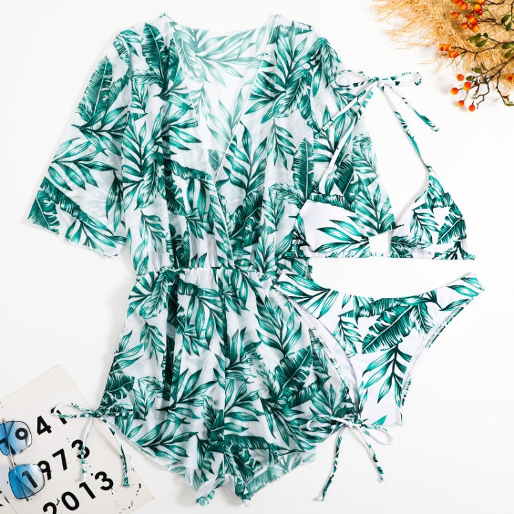 Leaf-print Waist Lace-up Three-Piece Bikini Set Long-sleeved Beach Sun Protection Swimsuit, S, M, L, XL