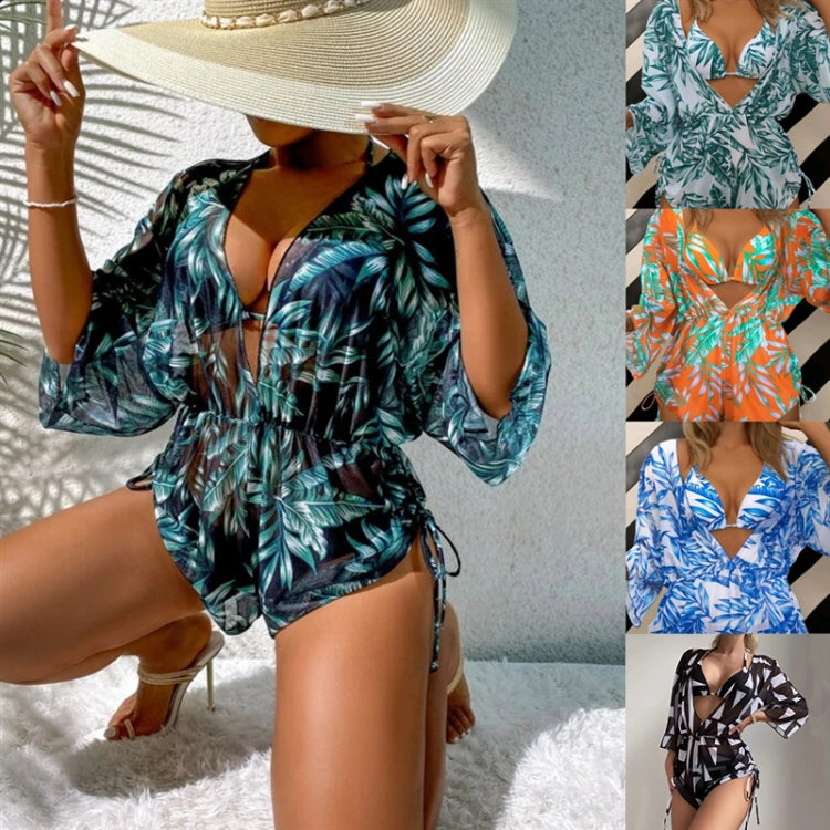 Leaf-print Waist Lace-up Three-Piece Bikini Set Long-sleeved Beach Sun Protection Swimsuit, S, M, L, XL