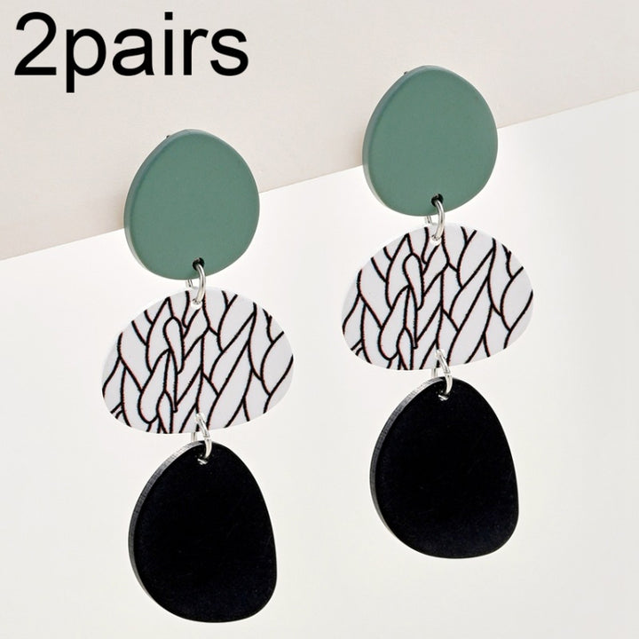 2pairs Contrasting Color Acrylic Geometric Round Stitching Long Ladies Earrings, Colorful