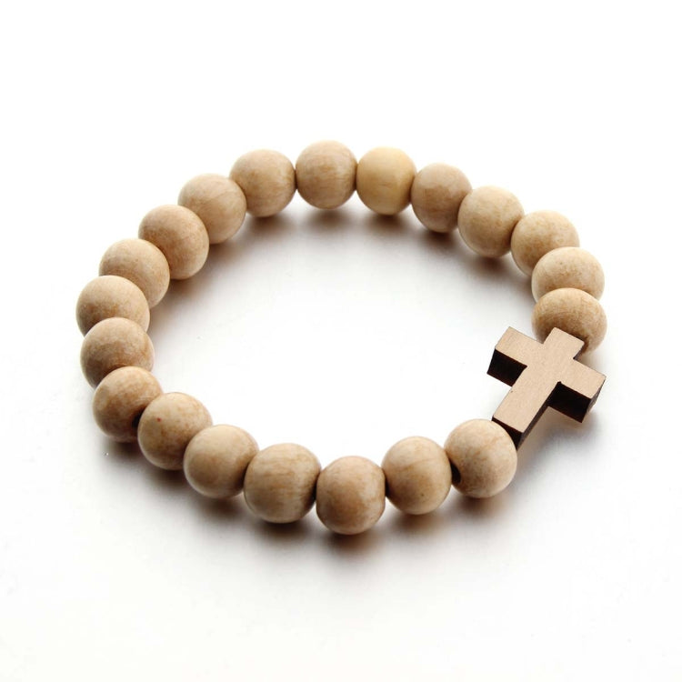 Handmade Round Wood Bead Cross Pendant Bracelet