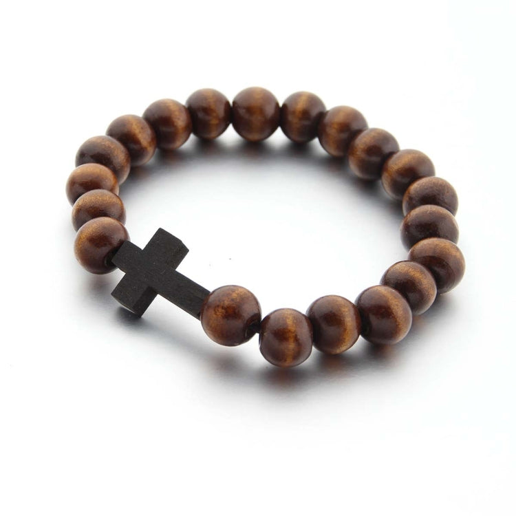 Handmade Round Wood Bead Cross Pendant Bracelet