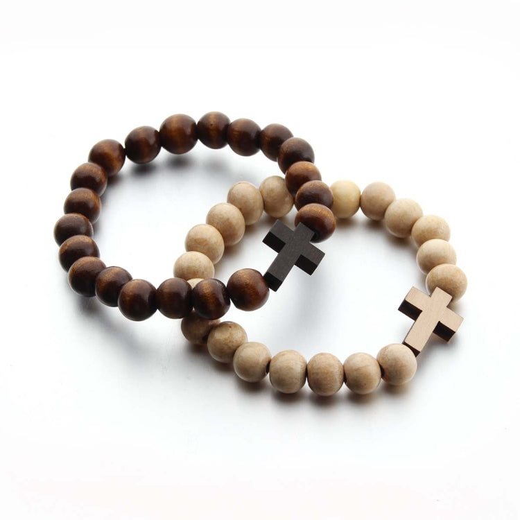 Handmade Round Wood Bead Cross Pendant Bracelet