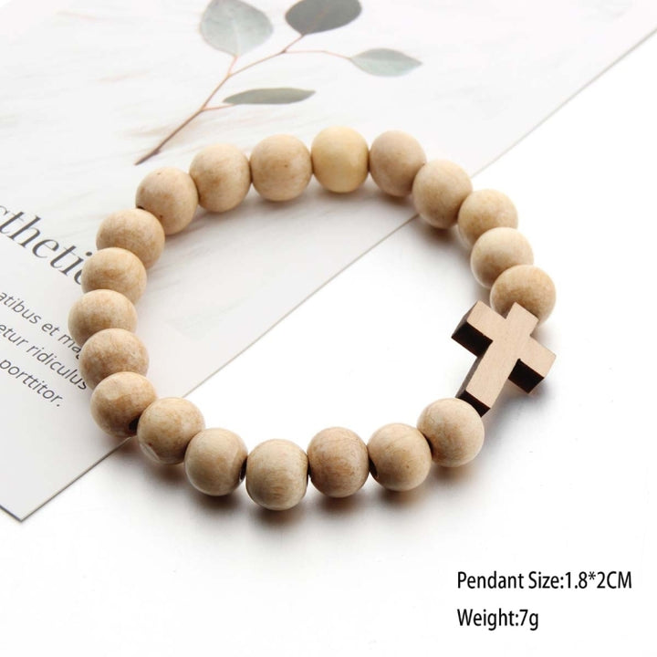 Handmade Round Wood Bead Cross Pendant Bracelet