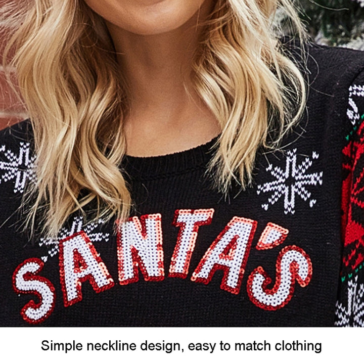 Christmas Women Pullover Sweater Santa Claus Embroidery Crew Neck Knit Sweater, S, M, L, XL