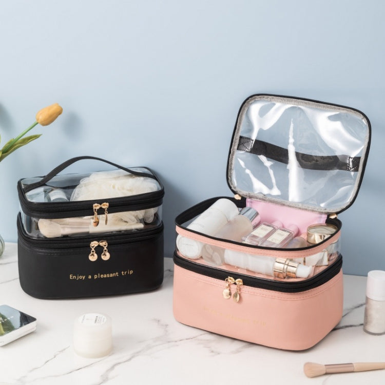 Double Layer Cosmetic Bag PU Transparent Waterproof Travel Portable Large Capacity Storage Bag