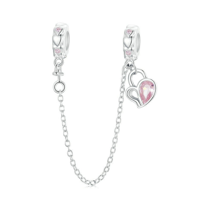 S925 Sterling Silver Valentine Heart Lock Silicone Safety Chain DIY Beading, BSC975