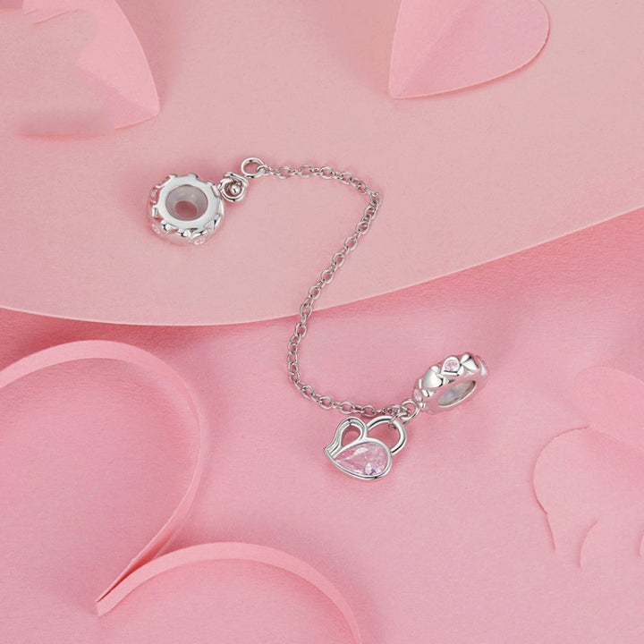 S925 Sterling Silver Valentine Heart Lock Silicone Safety Chain DIY Beading, BSC975