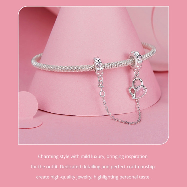 S925 Sterling Silver Valentine Heart Lock Silicone Safety Chain DIY Beading, BSC975