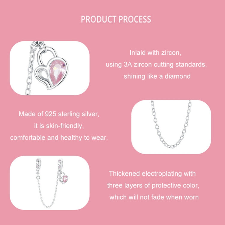 S925 Sterling Silver Valentine Heart Lock Silicone Safety Chain DIY Beading, BSC975