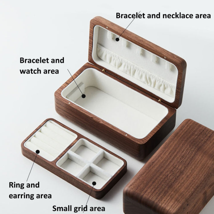 Black Walnut Jewelry Storage Box Double Layer Necklace Earrings Portable Organizer