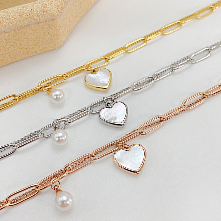 OPK 1106 Cold Style Personalized Double Layer Temperament Peach Heart Pearl Stainless Steel Bracelet, Steel Color, Gold, Rose Gold