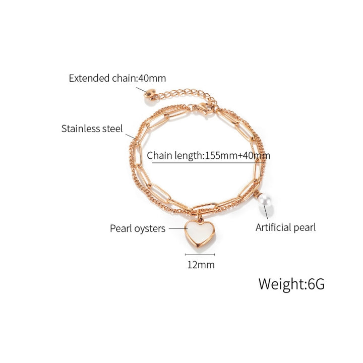 OPK 1106 Cold Style Personalized Double Layer Temperament Peach Heart Pearl Stainless Steel Bracelet, Steel Color, Gold, Rose Gold