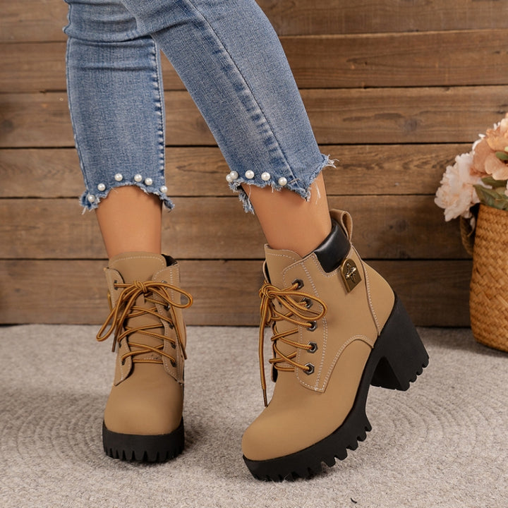 Spring Autumn Women Short Boots Chunky High Heel Leather Boots Lace-up Ladies Shoes, 35, 36, 37, 38, 39, 40, 41, 42